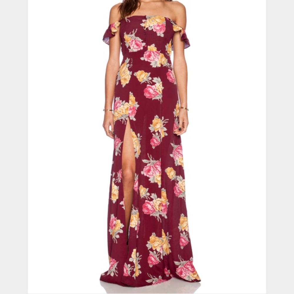 Flynn Skye Bardot red floral maxi dress // size Medium